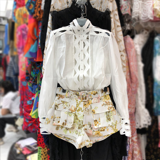 Conjunto de 2 Piezas: Blusa Hueca Manga Larga + Short Estampado - Image 17