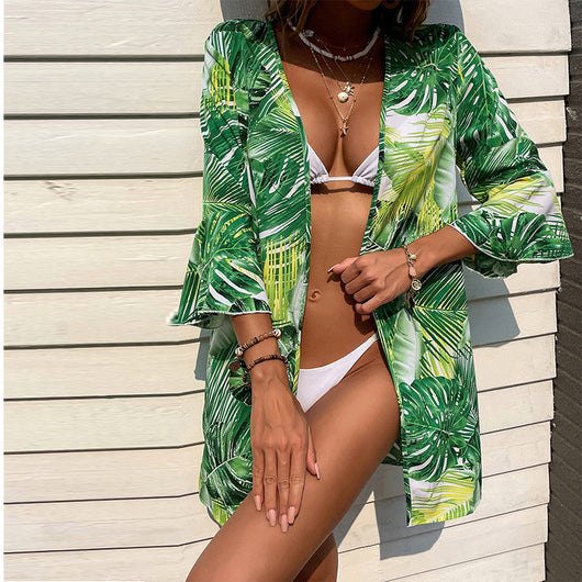 Blusa de Playa con Estampado de Hojas Verdes - Cardigan de Protección Solar para Vacaciones - Image 11