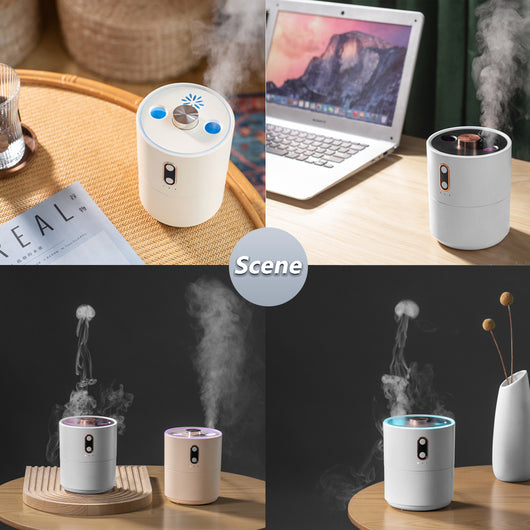 White cylindrical desktop humidifier with rose gold accents, black top, and front control buttons. - Image 5