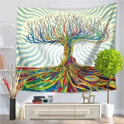 Colorful abstract tree of life tapestry with swirling roots and branches against a striped background, displayed as wall decor.