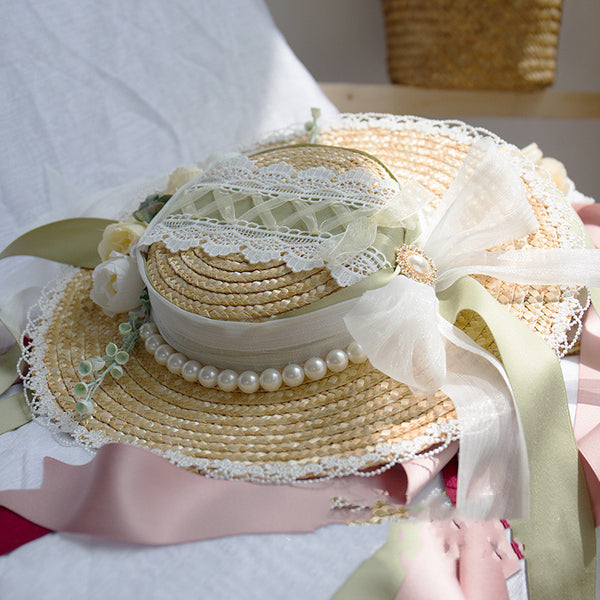Sombrero de Paja Retro Estilo Europeo con Encaje - Ala Ancha Verano