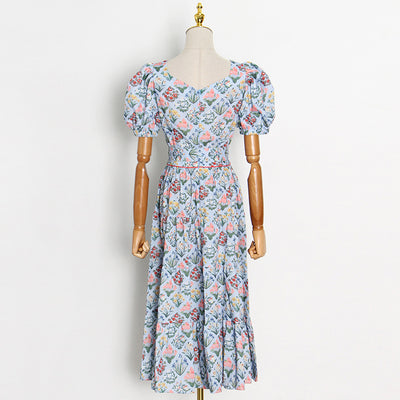 Vestido Azul Mori con Mangas Abullonadas, Cintura Alta y Estampado - Image 5