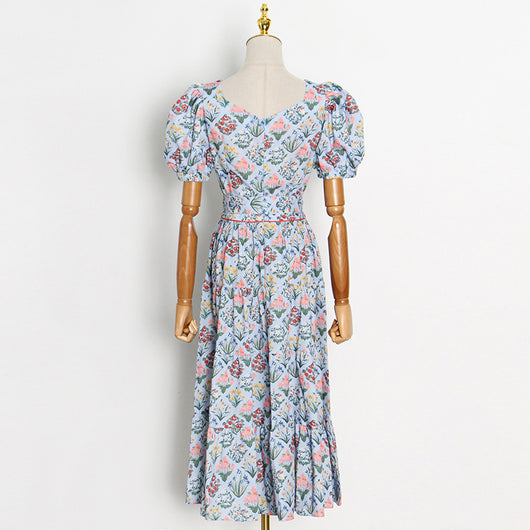 Vestido Azul Mori con Mangas Abullonadas, Cintura Alta y Estampado - Image 5