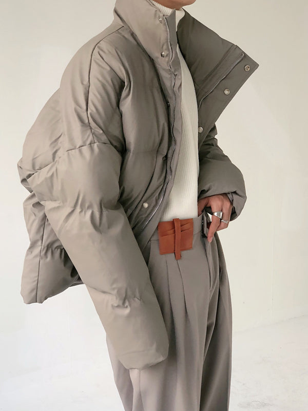 Abrigo Acolchado de Cuero PU con Cuello de Pie para Hombre