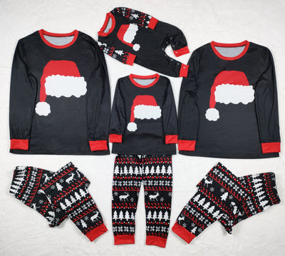 Black long-sleeve Christmas pajama top with a red Santa hat graphic and matching pants with a reindeer and tree pattern. - Image 9