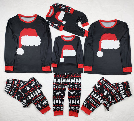 Black long-sleeve Christmas pajama top with a red Santa hat graphic and matching pants with a reindeer and tree pattern. - Image 9