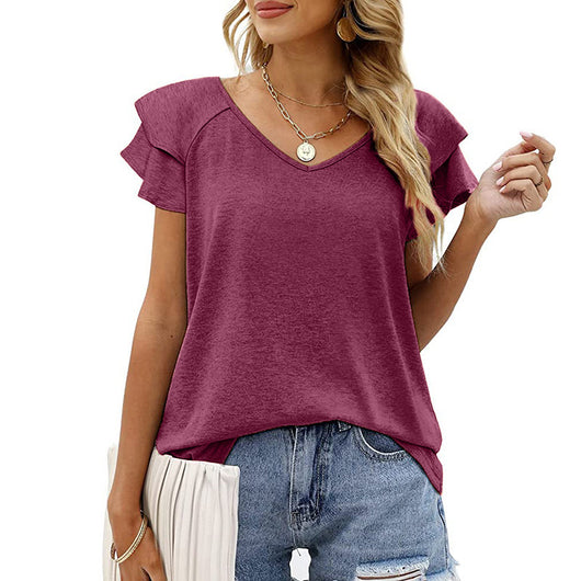 Blusa Cuello V Doble Capa Hoja de Loto Manga Corta para Dama - Image 12