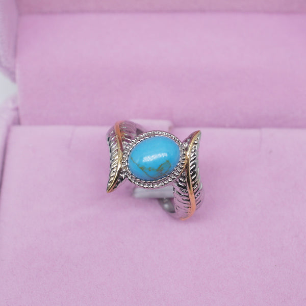 Anillo de Turquesa Verde con Pluma Incrustada - Diseño Europeo Elegante para Compromisos y Fiestas