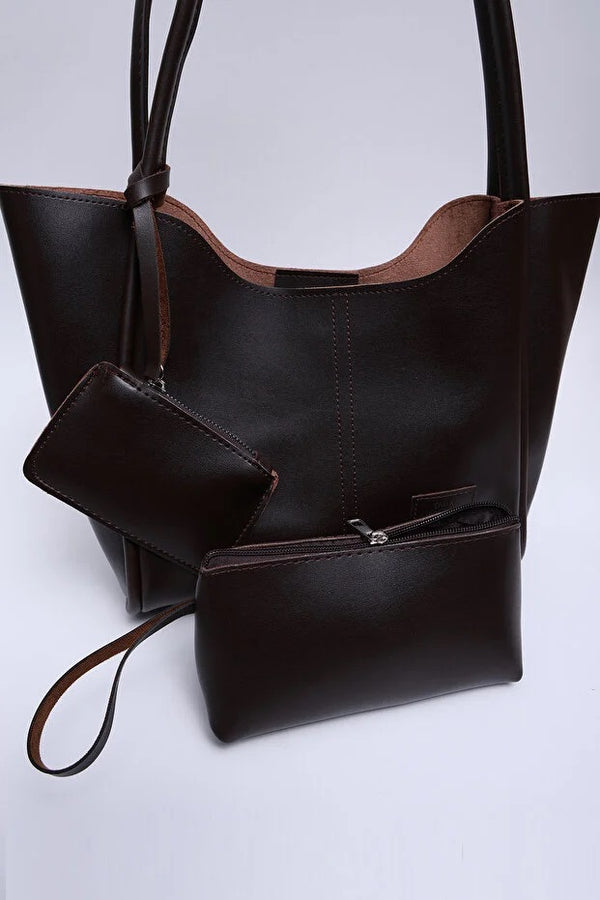 Bolso de Cuero Sintético Marrón para Mujer con Cartera y Neceser Incluido