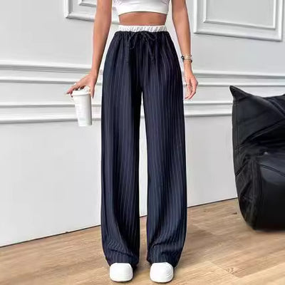 Pantalón Casual de Cintura Alta con Rayas Verticales y Contraste de Colores - Image 8