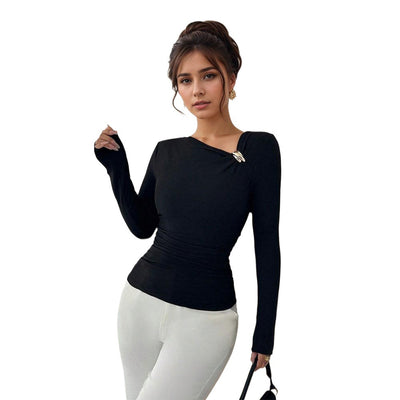 Blusa Base Plisada Cuello Oblicuo Mujer Esbeltecedora Primavera Otoño - Image 6