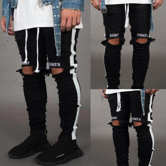 Pantalones Vaqueros Rotos Slim Fit para Hombre con Rasgados en Rodillas y Franjas Laterales