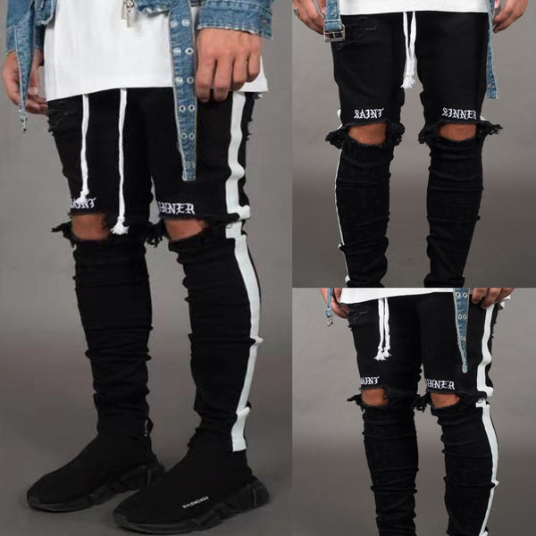 Pantalones Vaqueros Rotos Slim Fit para Hombre con Rasgados en Rodillas y Franjas Laterales