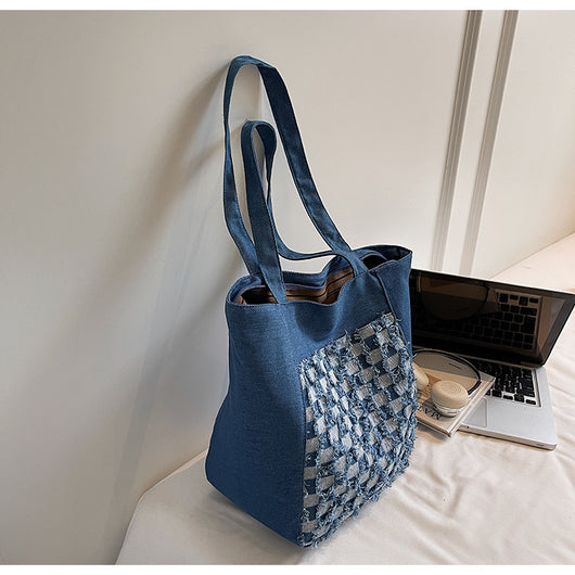 Bolsa Tote de Mezclilla Lavada con Patrón Escocés y Gran Capacidad - Image 30