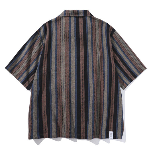 Camisa Retro Amekaji a Rayas de Estilo Étnico Manga Corta - Image 2