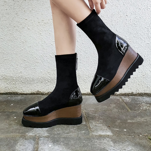 Botas Martin de Cuero con Plataforma Gruesa y Stretch - Botines Wedge Versátiles para Mujer - Image 2
