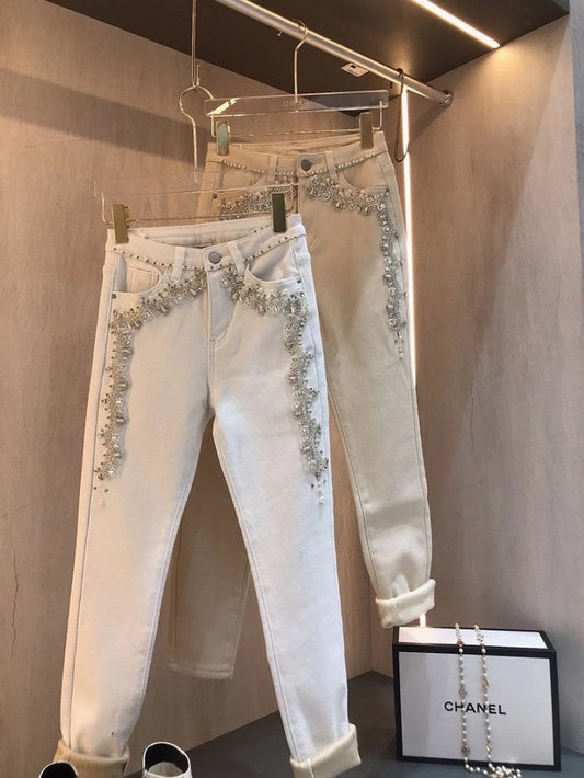 Pantalones Cintura Alta Ajustados con Detalles de Pedrería y Terciopelo