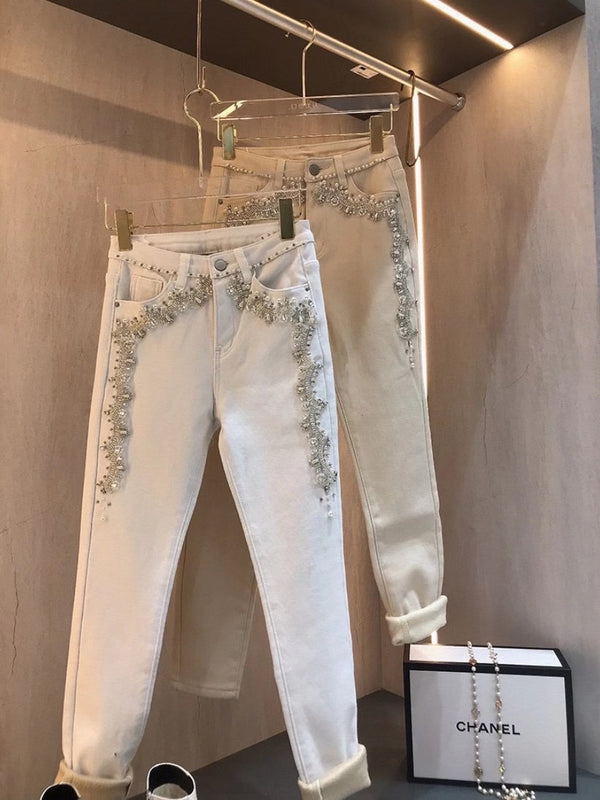 Pantalones Cintura Alta Ajustados con Detalles de Pedrería y Terciopelo