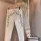 Pantalones Cintura Alta Ajustados con Detalles de Pedrería y Terciopelo