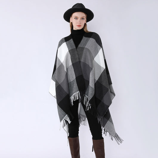 Poncho Cuadros Elegante para Viajes Invierno - Abrigo Cálido y Sofisticado - Image 52