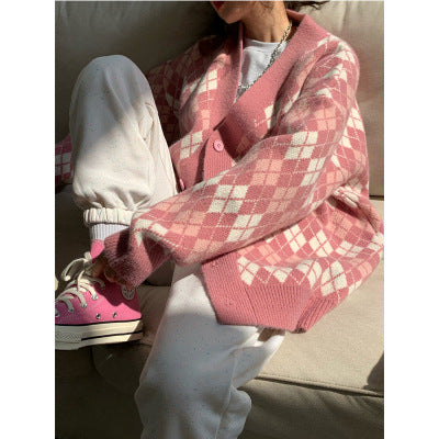 Chaqueta Suéter Holgada con Cuadros Contrastantes