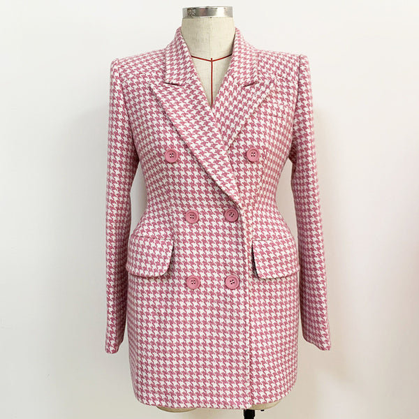 Abrigo Cuadros Rosa Lana Doble Abotonadura Estilo Retro