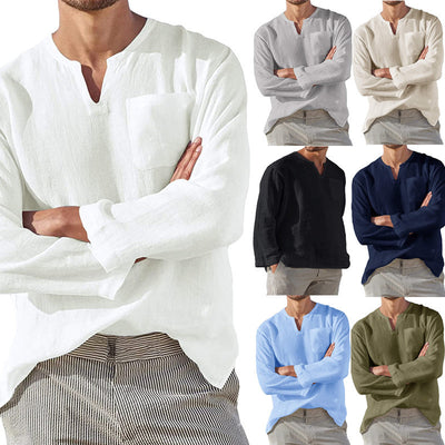 Camisa de Lino Casual para Hombre con Cuello en V y Manga Larga