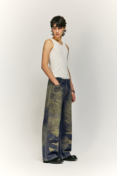 Pantalones Denim Ancho Estilo Urbano Americano con Estampado para Hombre - Image 21
