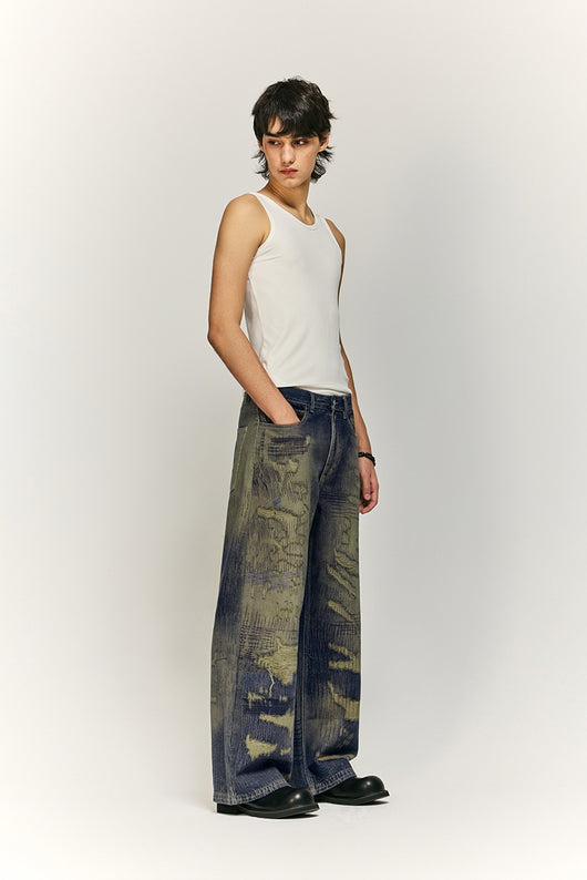 Pantalones Denim Ancho Estilo Urbano Americano con Estampado para Hombre - Image 21
