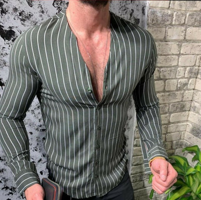 Camisa Ejecutiva de Rayas Amarilla con Cuello en V y Manga Larga - Image 4