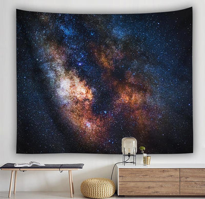 Rectangular tapestry with a vibrant Milky Way galaxy print, featuring bright nebulae and countless stars, hung on a wall.