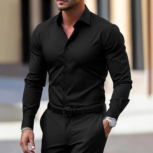 Camisa Social Casual Hombre Manga Larga Botones Color Sólido Vacaciones - Image 3