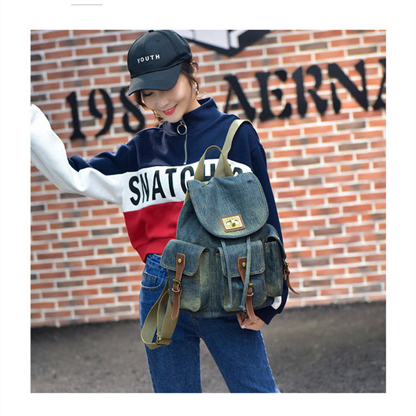 Mochila Denim Retro con Cordón y Bolsillos Funcionales para Mujer