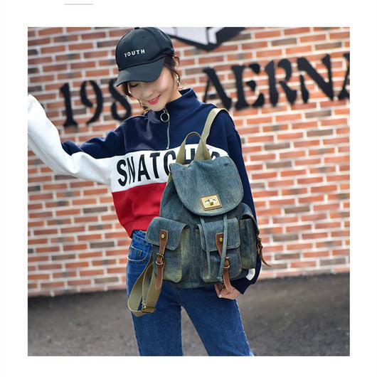 Mochila Denim Retro con Cordón y Bolsillos Funcionales para Mujer - Image 2