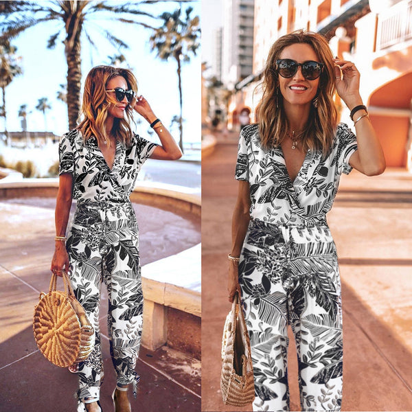 Jumpsuit Estampado Cuello V Manga Corta para Mujer