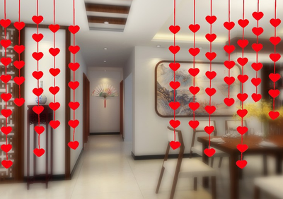 Red heart curtain with 'love' text, made of non-woven fabric, suitable for romantic home or party decoration. - Image 3