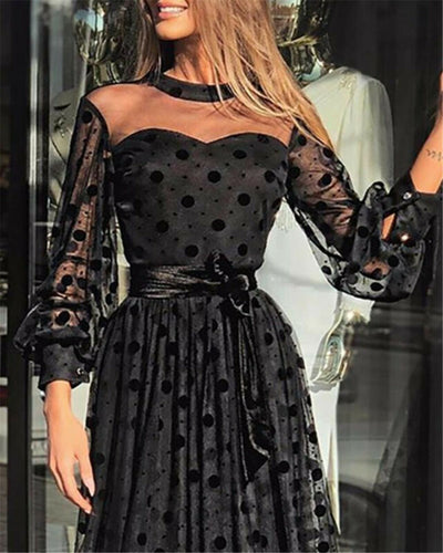 Vestido Negro con Lunares y Mangas de Malla Linterna - Image 3