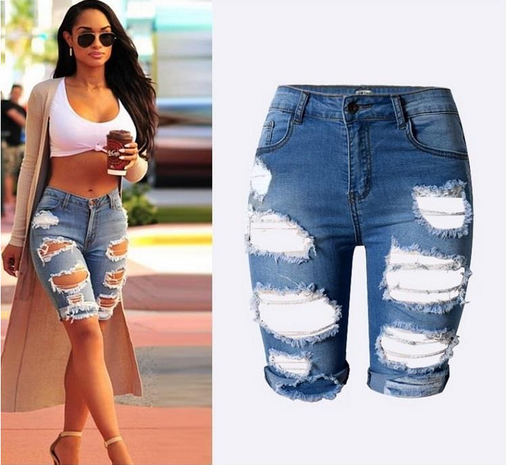 Pantalones Slim Talle Alto con Roturas - Moda Urbana Stretch Talla Grande