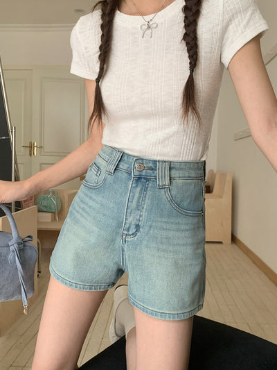 Shorts Denim Cintura Alta Elástico en Cuatro Lados Tonos Claros - Image 10