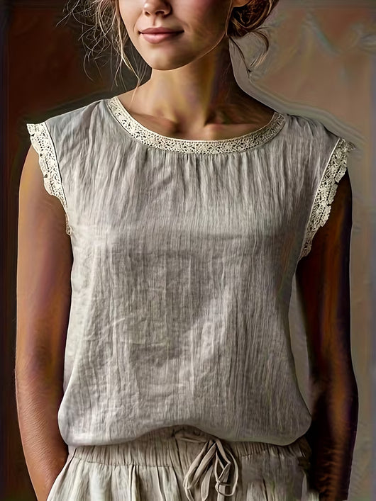 Blusa Suelta de Lino y Algodón sin Mangas con Encaje - Image 7