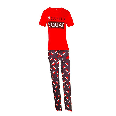 Matching family Christmas pajamas with red long-sleeve tops reading "#SANTA SQUAD" and black pants with a red Santa hat pattern. - Image 2