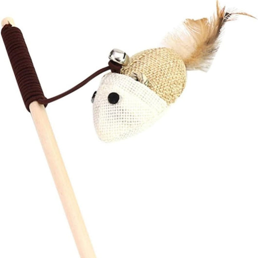 Wooden cat wand toy with a brown string, a small silver bell, a cream fabric mouse, and light brown feathers. - Image 19