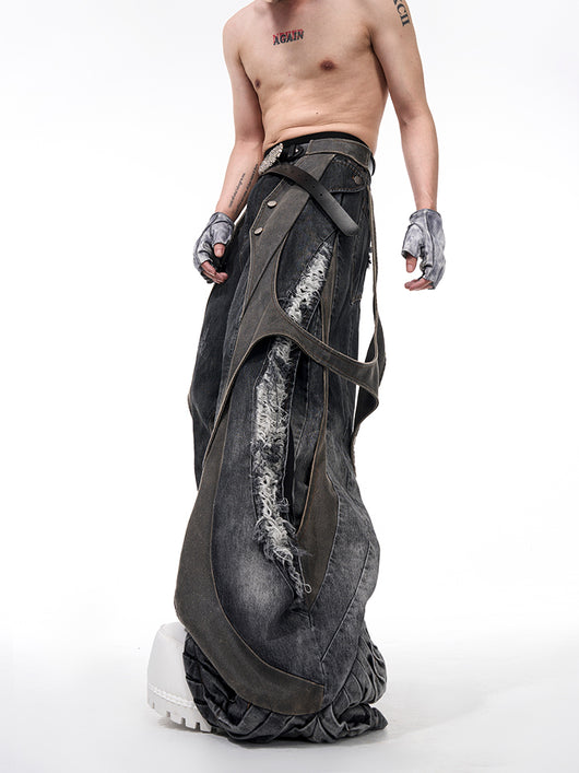 Pantalón Ancho de Verano con Patchwork de Cuero y Pliegues Estructurados - Image 9