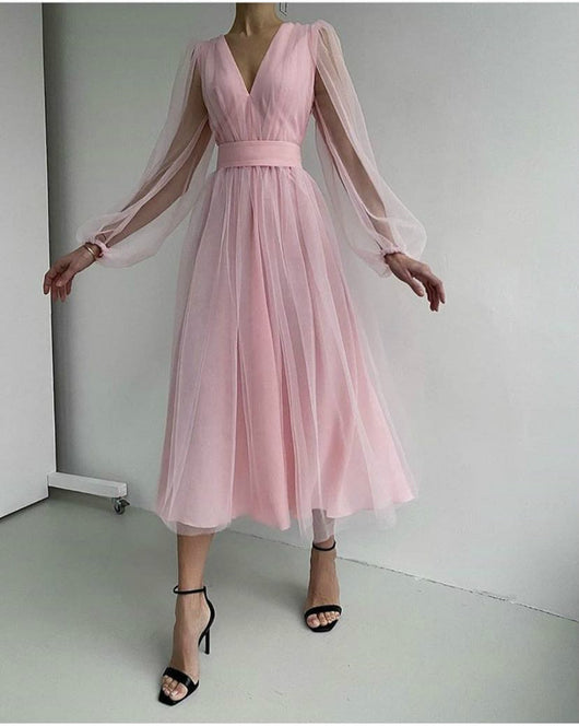 Vestido Largo Ajustado con Escote Profundo y Mangas Puff de Malla - Image 4