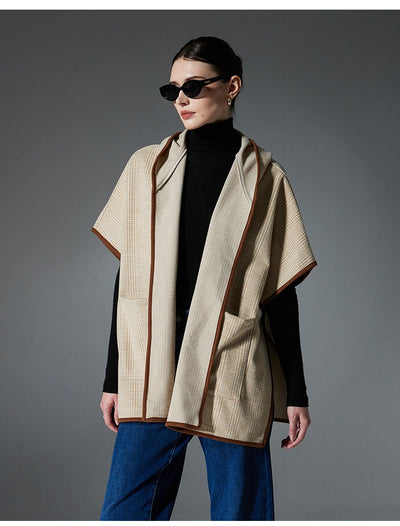 Poncho Chal Cuadrillé Reversible de Lana Doble Faz con Capucha - Image 15