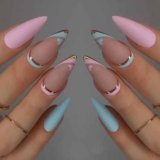 Uñas Postizas Medianas Pato Mandarín Azul con Borde Dorado Estilo Francés - Image 9