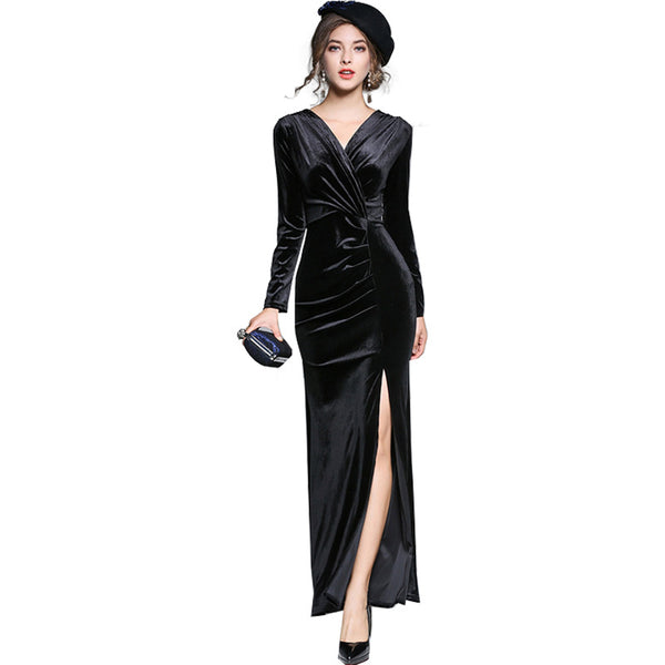 Vestido de Noche Largo con Pliegues y Abertura Lateral