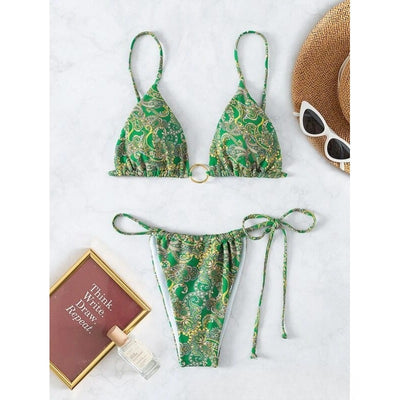 Green and yellow paisley print two-piece bikini swimsuit with a triangle top and tie-side thong bottom. - Image 6