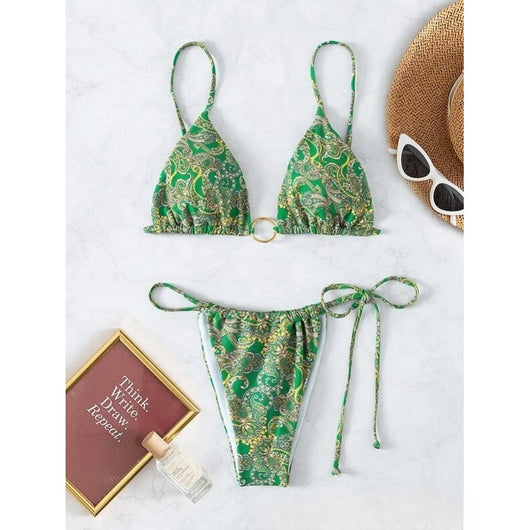 Green and yellow paisley print two-piece bikini swimsuit with a triangle top and tie-side thong bottom. - Image 6