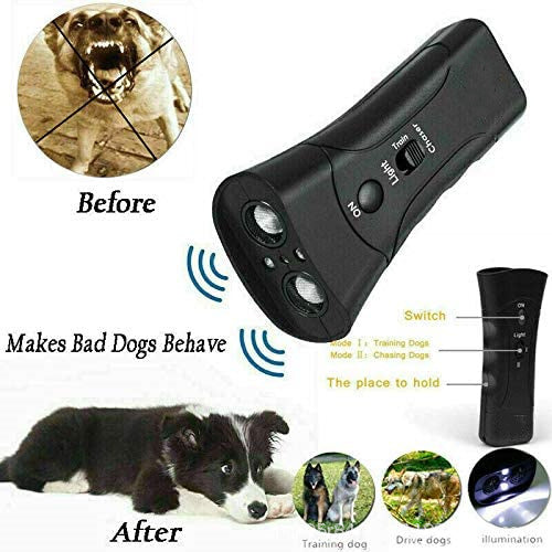 Black handheld ultrasonic dog repeller and trainer with a flashlight, featuring a slider switch and activation button. - Image 2